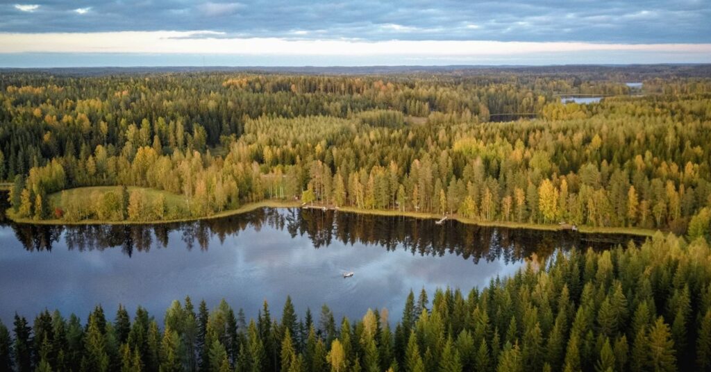 Ilmakuva suomalaisesta syysmetsästä ja järvestä – työaikalaki rytmittää työtä ja vapaa-aikaa.